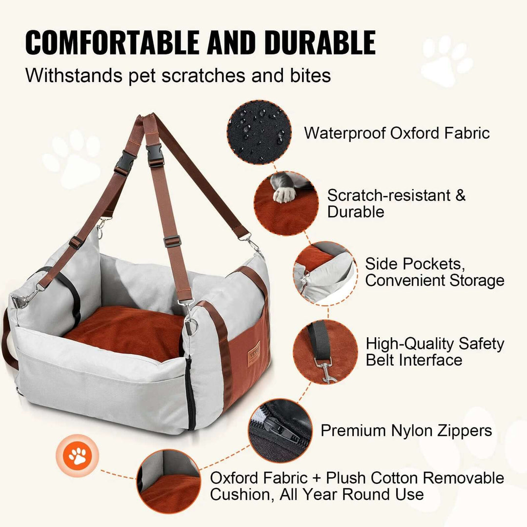 VEVOR dog car booster seat with durable waterproof fabric, side pockets, and safety belt for secure pet travel.