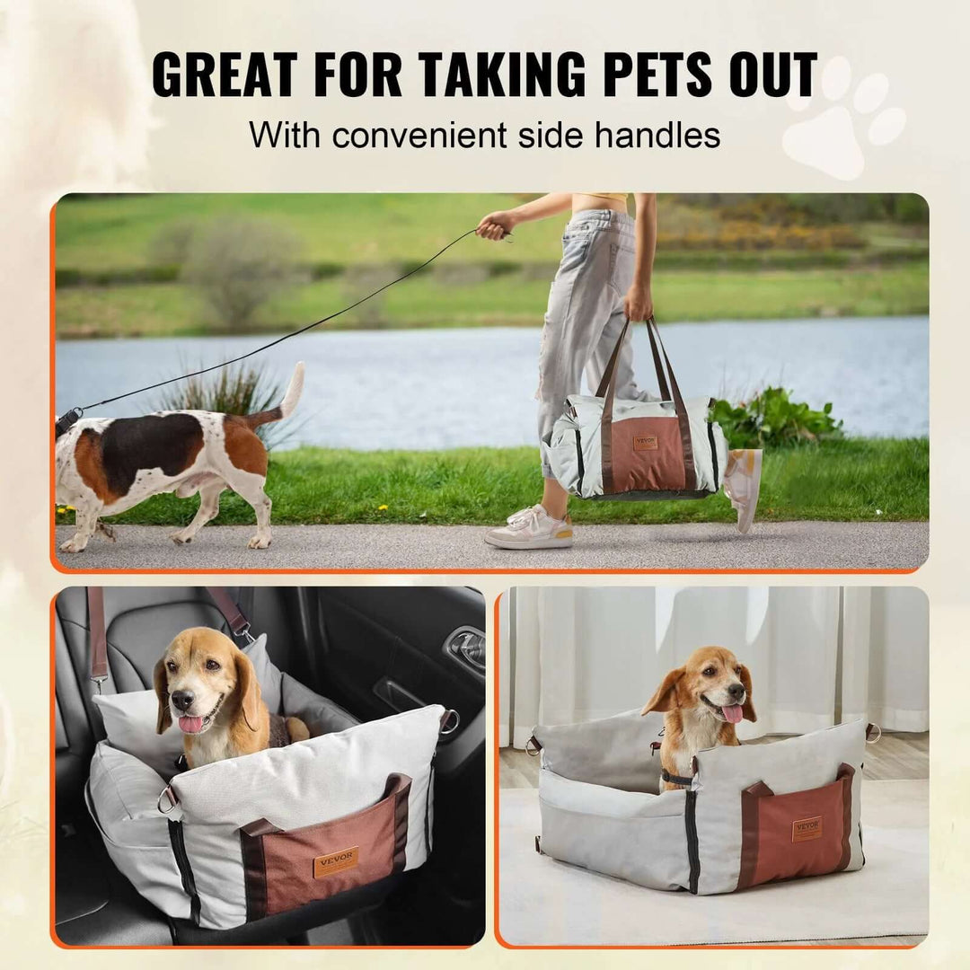 Dog car booster seat with side handles, perfect for travel comfort and security; ideal for pets up to 25 lbs.