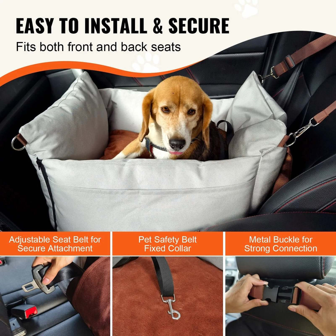 Dog sitting in VEVOR booster seat, demonstrating easy installation and secure fit for safe pet travel.