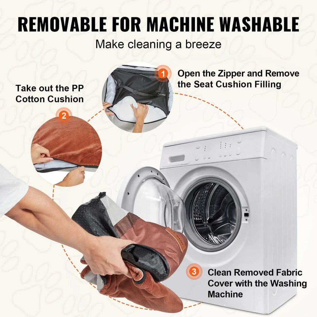 User demonstrating how to remove and wash the fabric cover of the VEVOR Dog Car Booster Seat.