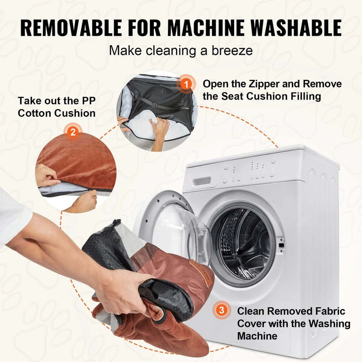 User demonstrating how to remove and wash the fabric cover of the VEVOR Dog Car Booster Seat.