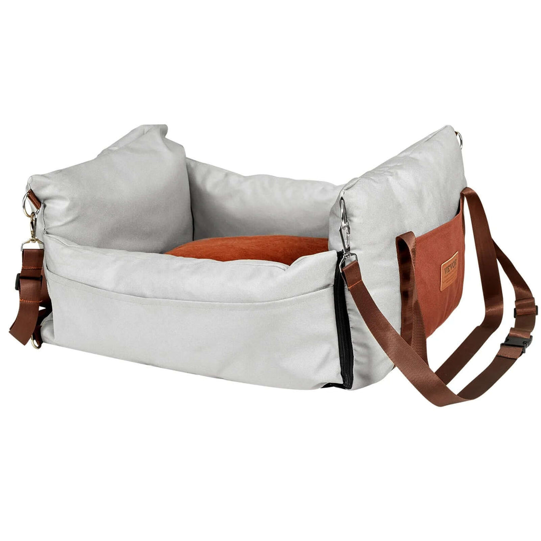 VEVOR Dog Car Booster Seat in gray and brown, comfy and secure travel seat for small dogs up to 25 lbs.