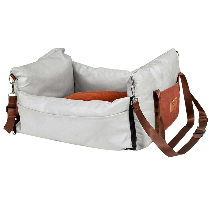 VEVOR Dog Car Booster Seat in gray and brown, comfy and secure travel seat for small dogs up to 25 lbs.