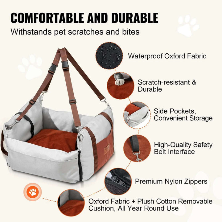 VEVOR dog car booster seat with durable waterproof fabric, side pockets, and safety belt for secure pet travel.