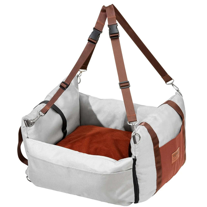 VEVOR Dog Car Booster Seat for small dogs, gray with brown accents, designed for safe and comfortable travel.