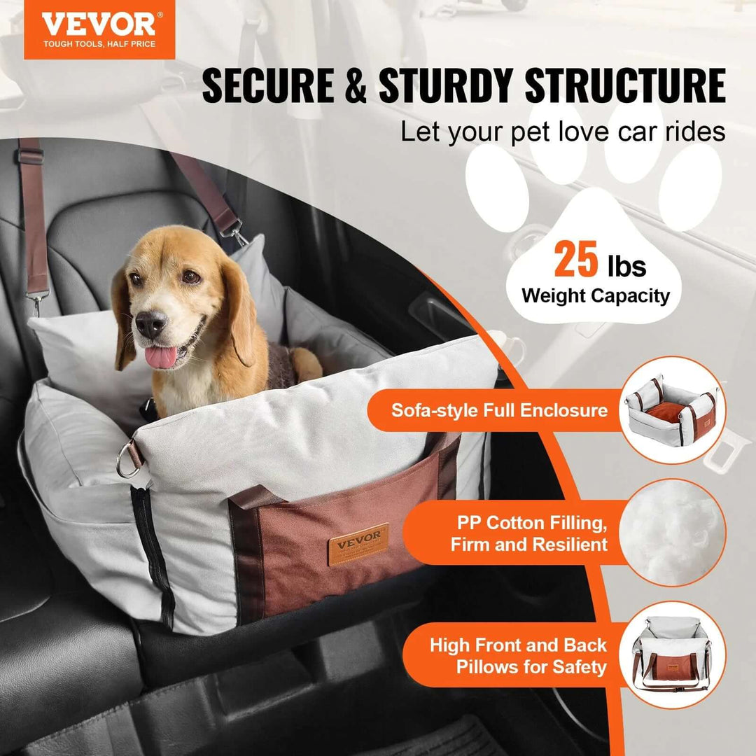 VEVOR Dog Car Booster Seat for small dogs up to 25 lbs, featuring secure structure and comfortable design for stress-free rides.